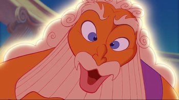 Movie still from “Hercules” (1997), directed by Ron Clements – An orange and pink cartoon character with blue eyes and pink hair; Close Up shot, Low angle