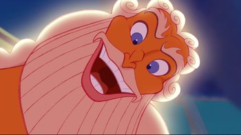 Movie still from “Hercules” (1997), directed by Ron Clements – An animated character with a big smile on his face; Close Up shot, Low angle