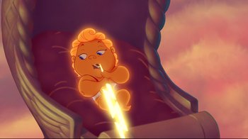 Movie still from “Hercules” (1997), directed by Ron Clements – An animated baby is flying through the air; Medium shot, Overhead angle