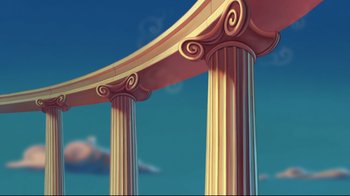 Movie still from “Hercules” (1997), directed by Ron Clements – View of a pair of pillars; Extreme Wide shot, Low angle