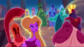 Movie still from “Hercules” (1997), directed by Ron Clements – A group of people standing next to each other; Wide shot, High angle