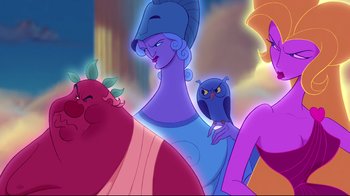 Movie still from “Hercules” (1997), directed by Ron Clements – A group of women standing next to each other; Medium shot, Over the shoulder angle