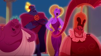 Movie still from “Hercules” (1997), directed by Ron Clements – A group of people that are standing in a room; Wide shot, Over the shoulder angle
