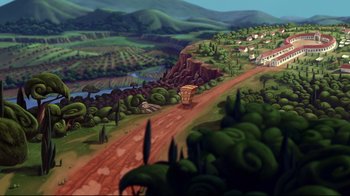 Movie still from “Hercules” (1997), directed by Ron Clements – An artistic painting of a dirt road and a village in the background; Extreme Wide shot, High angle