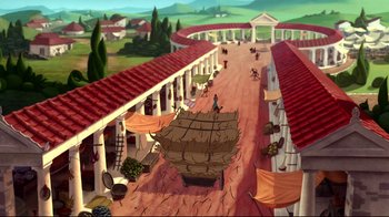 Movie still from “Hercules” (1997), directed by Ron Clements – An artist's rendering of an ancient greek village; Extreme Wide shot, Overhead angle