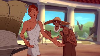 Movie still from “Hercules” (1997), directed by Ron Clements – Two animated people are talking to each other; Medium shot, Over the shoulder angle
