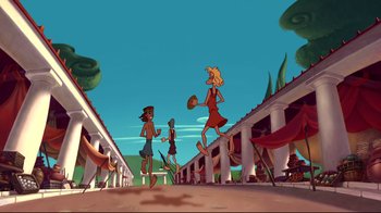Movie still from “Hercules” (1997), directed by Ron Clements – A group of people playing a game of basketball; Extreme Wide shot, Low angle