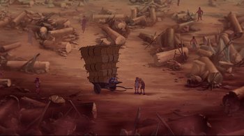 Movie still from “Hercules” (1997), directed by Ron Clements – An animal standing next to a cart in the middle of the desert; Extreme Wide shot, High angle