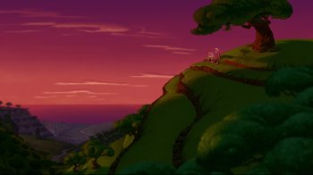 Movie still from “Hercules” (1997), directed by Ron Clements – A painting of a horse on top of a hill at sunset; Extreme Wide shot, High angle
