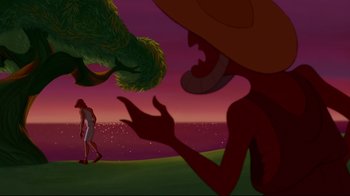 Movie still from “Hercules” (1997), directed by Ron Clements – An animated scene of a man walking away from an animal; Extreme Wide shot, Over the shoulder angle
