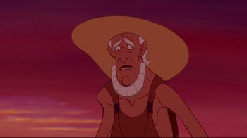 Movie still from “Hercules” (1997), directed by Ron Clements – An old man wearing a large hat in a scene from disney's the hunchback of notre - dame; Medium shot, Over the shoulder angle