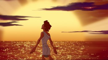 Movie still from “Hercules” (1997), directed by Ron Clements – An animation of a man walking on the beach at sunset; Extreme Wide shot, Low angle
