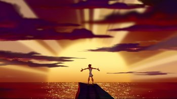 Movie still from “Hercules” (1997), directed by Ron Clements – A man standing on a pier in front of the ocean; Extreme Wide shot, Low angle