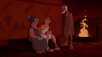Movie still from “Hercules” (1997), directed by Ron Clements – A group of people standing next to each other in front of a fire place; Wide shot, High angle