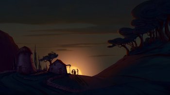 Movie still from “Hercules” (1997), directed by Ron Clements – Two people standing on a hill at sunset; Extreme Wide shot, Low angle