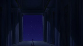 Movie still from “Hercules” (1997), directed by Ron Clements – A person standing in front of an opening in a building; Extreme Wide shot, Low angle