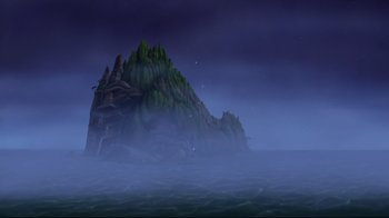 Movie still from “Hercules” (1997), directed by Ron Clements – An image of an island in the middle of the ocean; Extreme Wide shot, High angle