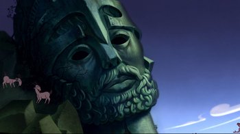 Movie still from “Hercules” (1997), directed by Ron Clements – The face of a statue of a man with a beard; Close Up shot, Low angle