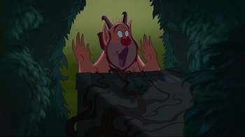 Movie still from “Hercules” (1997), directed by Ron Clements – A cartoon character with hands on the ground; Medium shot, Low angle