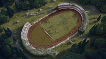 Movie still from “Hercules” (1997), directed by Ron Clements – An aerial view of an oval shaped field; Extreme Wide shot, Overhead angle