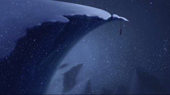 Movie still from “Hercules” (1997), directed by Ron Clements – An illustration of a person hanging from a snow - covered moon; Extreme Wide shot, Overhead angle