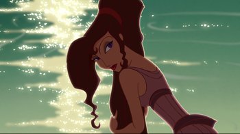 Movie still from “Hercules” (1997), directed by Ron Clements – A beautiful woman with long hair standing next to a body of water; Medium shot, Over the shoulder angle