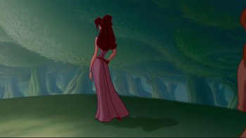 Movie still from “Hercules” (1997), directed by Ron Clements – A woman standing in front of a forest; Wide shot, Over the shoulder angle