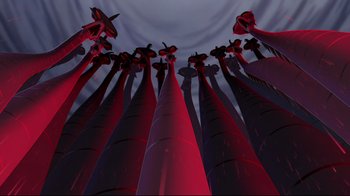 Movie still from “Hercules” (1997), directed by Ron Clements – A group of tall red poles in the dark; Extreme Wide shot, Low angle