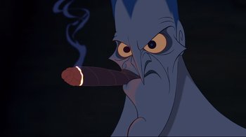 Movie still from “Hercules” (1997), directed by Ron Clements – An evil looking creature holding a cigar in his mouth; Extreme Close Up shot, Low angle