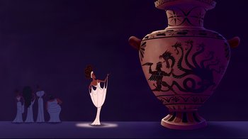 Movie still from “Hercules” (1997), directed by Ron Clements – An animated scene of a woman standing in front of a vase; Extreme Wide shot, Low angle