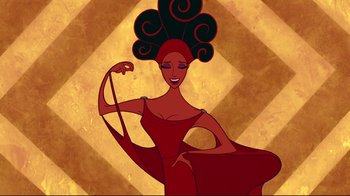 Movie still from “Hercules” (1997), directed by Ron Clements – An animated woman with a large black curly hair style; Medium shot, Low angle