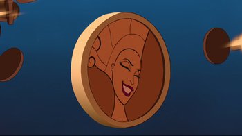 Movie still from “Hercules” (1997), directed by Ron Clements – A cartoon picture of a woman's face in a circular frame; Close Up shot, High angle
