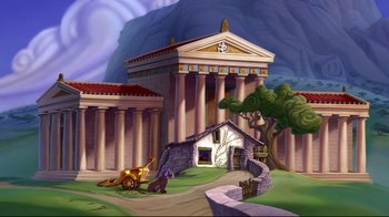 Movie still from “Hercules” (1997), directed by Ron Clements – An illustration of a building and a tree in the background; Extreme Wide shot, Low angle