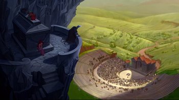 Movie still from “Hercules” (1997), directed by Ron Clements – An illustration of an audience in an outdoor theater; Extreme Wide shot, High angle
