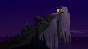 Movie still from “Hercules” (1997), directed by Ron Clements – An illustration of a cliff with a building on top of it; Extreme Wide shot, Low angle