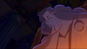 Movie still from “Hercules” (1997), directed by Ron Clements – A character from a cartoon; Medium shot, Low angle