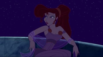 Movie still from “Hercules” (1997), directed by Ron Clements – A woman in a purple dress sitting in front of the stars; Medium shot, Over the shoulder angle