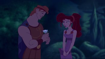 Movie still from “Hercules” (1997), directed by Ron Clements – A man and a woman standing next to each other holding flowers; Medium shot, Over the shoulder angle