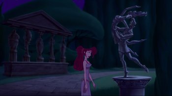 Movie still from “Hercules” (1997), directed by Ron Clements – A woman standing in front of a statue in the middle of a park; Extreme Wide shot, Over the shoulder angle