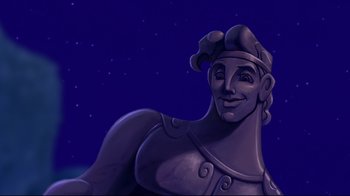 Movie still from “Hercules” (1997), directed by Ron Clements – An animated picture of a man with a helmet on his head; Close Up shot, High angle