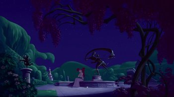 Movie still from “Hercules” (1997), directed by Ron Clements – A woman sitting in front of a statue of a man and a woman; Extreme Wide shot, Over the shoulder angle