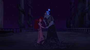 Movie still from “Hercules” (1997), directed by Ron Clements – Ariel and king triton in the little mermaid; Extreme Wide shot, Over the shoulder angle
