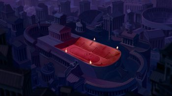 Movie still from “Hercules” (1997), directed by Ron Clements – An illustration of a boat in the middle of a city at night; Extreme Wide shot, High angle