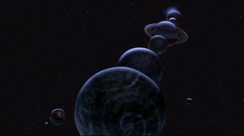 Movie still from “Hercules” (1997), directed by Ron Clements – A group of planets in the sky with stars in the background; Extreme Wide shot, Overhead angle