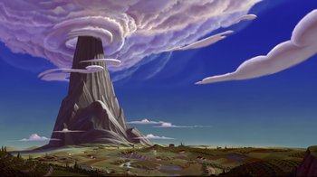 Movie still from “Hercules” (1997), directed by Ron Clements – An artistic painting of a mountain with a sky background; Extreme Wide shot, Low angle