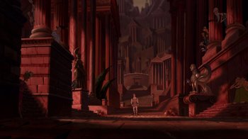 Movie still from “Hercules” (1997), directed by Ron Clements – An image of an animated scene in a movie setting; Extreme Wide shot, High angle