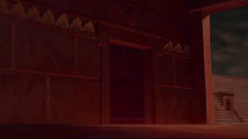 Movie still from “Hercules” (1997), directed by Ron Clements – An open door in a room with a clock on the wall; Wide shot, Low angle