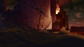 Movie still from “Hercules” (1997), directed by Ron Clements – An image of a scene with a boat in the water; Extreme Wide shot, High angle
