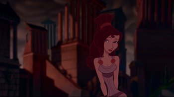 Movie still from “Hercules” (1997), directed by Ron Clements – A woman in a red dress standing in front of a building; Medium shot, Over the shoulder angle