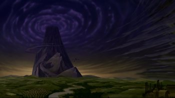 Movie still from “Hercules” (1997), directed by Ron Clements – An image of a mountain in the middle of a field; Extreme Wide shot, High angle